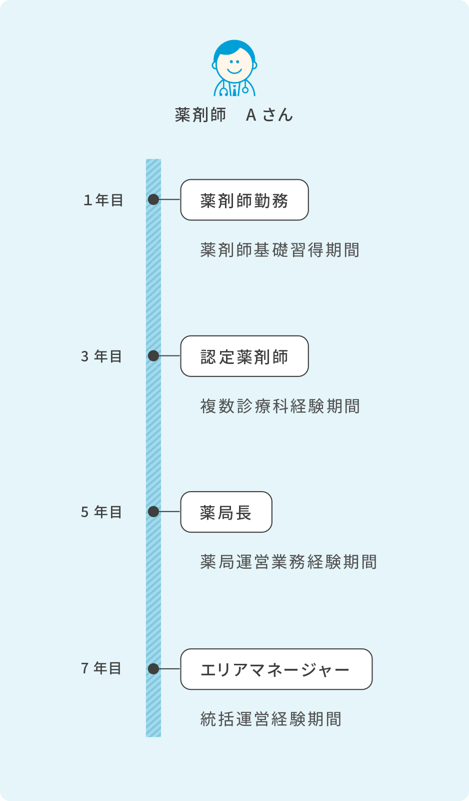 ・１年目 薬剤師勤務 薬剤師基礎習得期間 ・3年目 認定薬剤師 複数診療科経験期間 ・5年目 薬局長 薬局運営業務経験期間 ・7年目 エリアマネージャー 統括運営経験期間